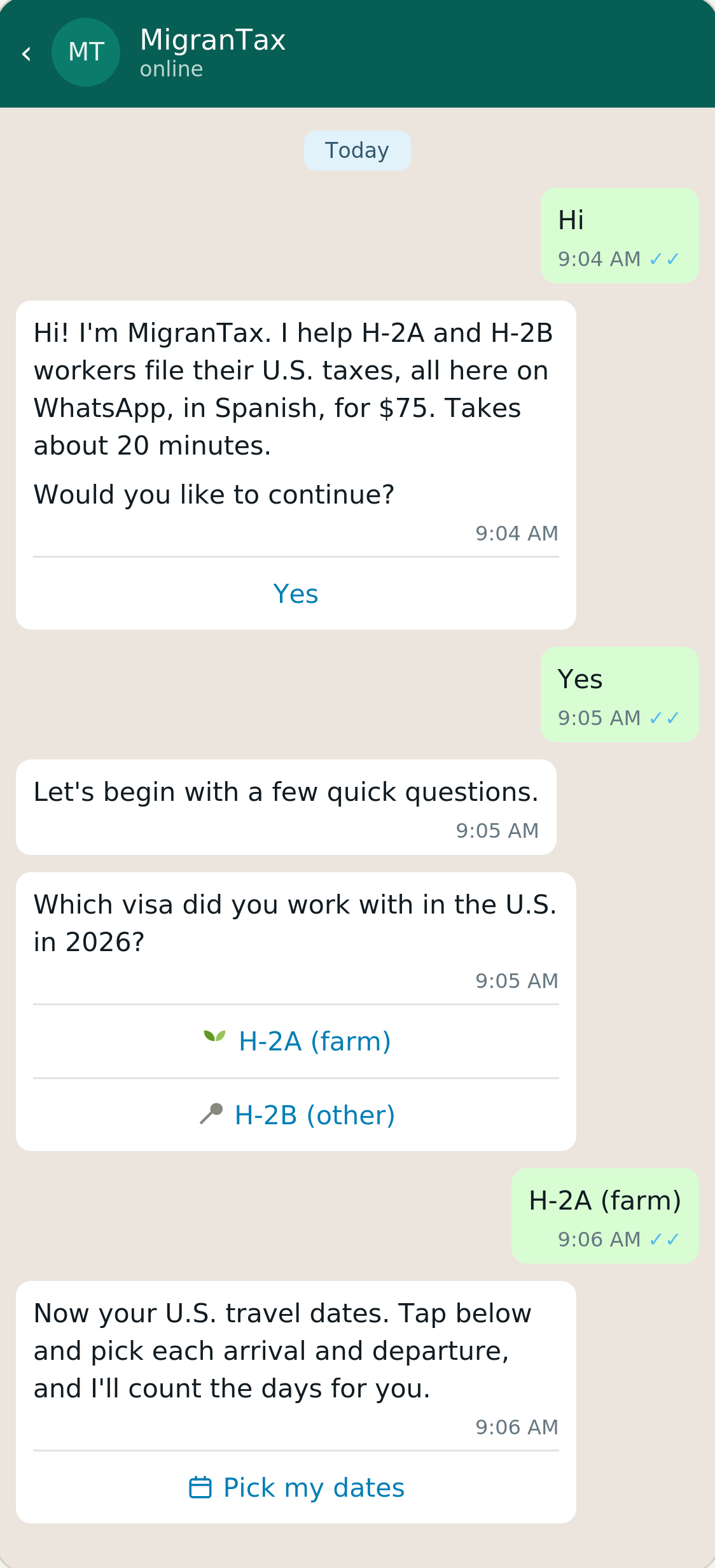 WhatsApp conversation with MigranTax